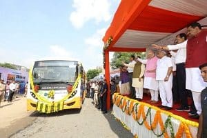 Amit Shah flags off the first fleet of eco-friendly e- buses in Ahmedabad, Gujarat