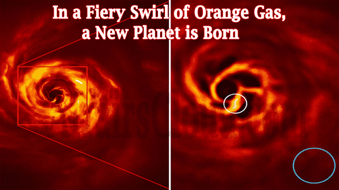 In a fiery swirl of orange gas, a new planet is born
