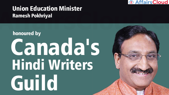 Union-Education-Minister-Ramesh-Pokhriyal-honoured-by-Canada's-Hindi-Writers-Guild