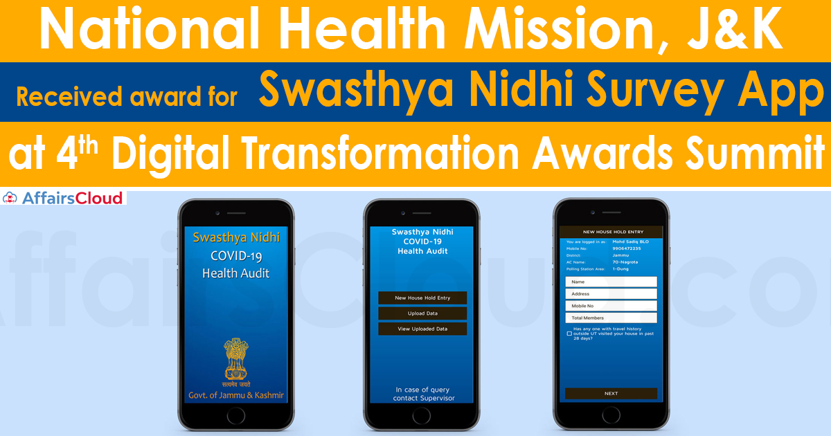 National Health Mission, J&K receives award for Swasthya Nidhi Survey App at 4th Digital Transformation Awards Summit