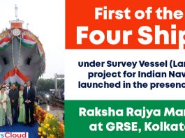 First-of-the-four-ships-under-Survey-Vessel-(Large)-project-for-Indian-Navy-launched-in-the-presence-of-Raksha-Rajya-Mantri-at-GRSE,-Kolkata