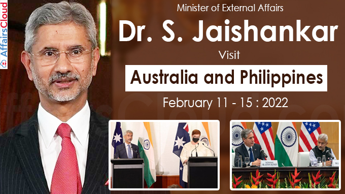 Jaishankar visit to australia and Philippines from February 11 to 15, 2022