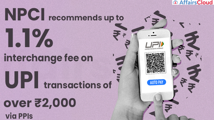 NPCI recommends up to 1.1% interchange fee on UPI transactions of over ₹2,000 via PPIs