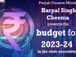 Punjab Finance Minister Harpal Singh Cheema presents the budget for 2023-24 in the state assembly.