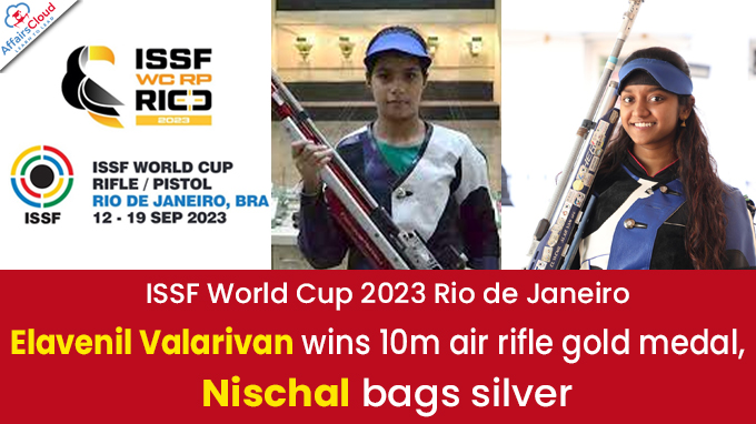 ISSF Rifle/Pistol World Cup 2023 Rio de Janeiro: India Ends Campaign with Two Medals International Shooting Sport Federation (ISSF) Rifle/Pistol World Cup 2023 in Rio de Janeiro, Brazil was held from 12th - 19th September 2023. India finished 5th in the medal tally with 2 medals (1 Gold and 1 Silver).  The World Cup Rifle/Pistol 2023 Rio de Janeiro was the final stage of the ISSF World Cup for rifle and pistol shooters. Note: A total of 16 Indian shooters took part in the ISSF World Cup in Rio. Medal Tally: Rank Country Gold Silver Bronze Total 1 Italy 2 – 1 3 2 China 1 4 3 8 3 Hungary 1 1 1 3 5 India 1 1 – 2 Indian Medal Winners: i.India’s Elavenil Valarivan won the gold medal in the women’s 10m air rifle event.  Oceanne Muller of France and Jiale Zhang of China won the silver and bronze medals respectively in the same event. · This has been Elavenil’s second individual ISSF World Cup medal since she won the gold in the women’s 10m air rifle event in ISSF World Cup Rio in 2019. ii.India’s Nischal won the silver medal in the Women's 50m Rifle 3 Positions while Jeanette Hegg Duestad of Norway and Stephanie Laura Scurrah Grundsoee of Denmark won the gold and bronze medals respectively. · This event marks Nischal’s first senior World Cup appearance. iii.The 19-year-old Nischal created a qualification national record in the Women’s 3 Positions event by shooting a solid 587 in relay one.  Previously Anjum Moudgil and Ayushi Podder held qualification national record with a short in relay two.  Anjum Moudgil and Ayushi Podder also participated in this event and finished 10th and 35th place respectively.  About ISSF World Cup:  The 2023 ISSF World Cup comprised 13 stages including the final of competitions held across various cities in the world.   The 2023 ISSF World Cup final will be held from 18th - 26th November 2023. About the International Shooting Sport Federation (ISSF):  ISSF is the governing body of the Olympic shooting events in rifle, pistol and shotgun (clay target) disciplines, and of several non-Olympic shooting sports events. President– Luciano RossiHeadquarters– Munich, Germany Established - 1907 