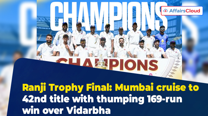Ranji Trophy Final Mumbai cruise to 42nd title with thumping 169-run win over Vidarbha