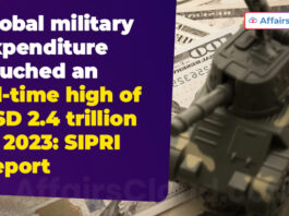 Global military expenditure touched an all-time high of USD 2.4 trillion in 2023