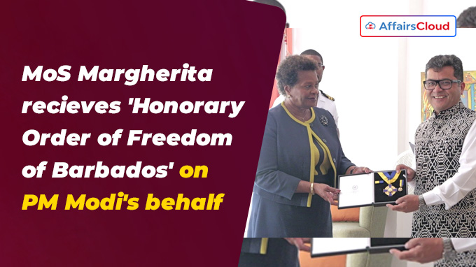 MoS Margherita recieves 'Honorary Order of Freedom of Barbados' on PM Modi's behalf