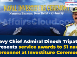 Navy Chief Admiral Dinesh Tripathi presents service awards to 51 naval personnel at Investiture Ceremony