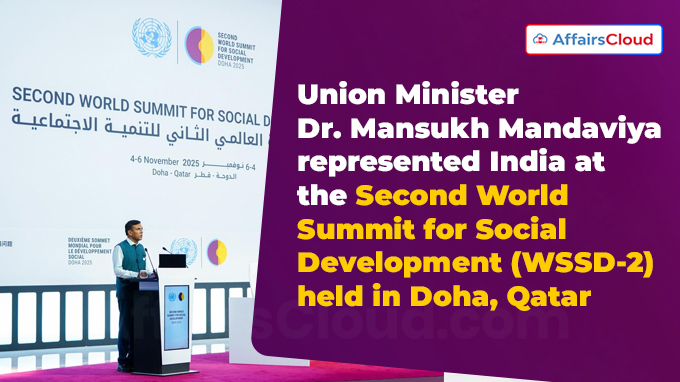 Union Minister Dr. Mansukh Mandaviya represented India at the Second World Summit for Social Development (WSSD-2) held in Doha, Qatar