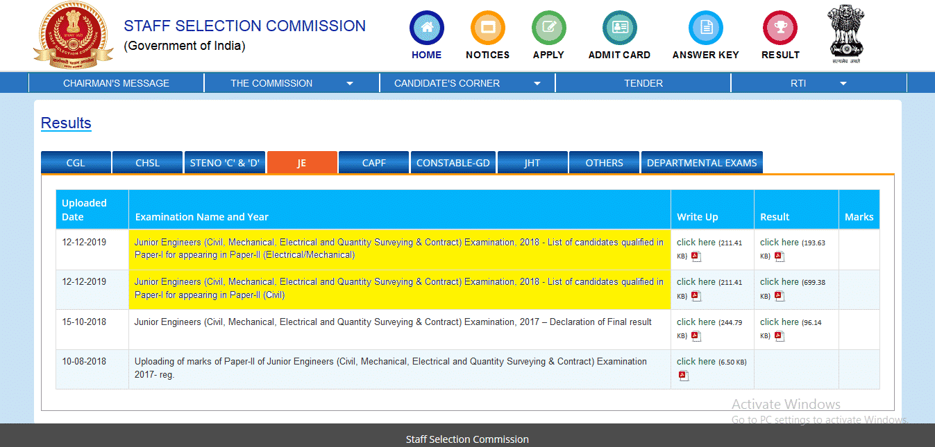 SSC JE Paper I Result 2018: Click here to Know Cut off, Revised Answer Key
